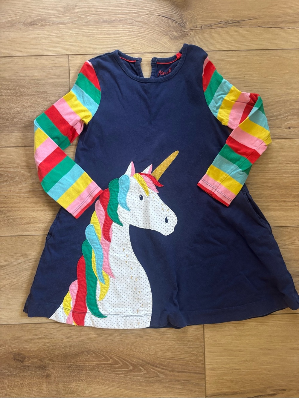 Mini Boden Navy Dress with Rainbow-Striped Long Sleeves & Unicorn Applique
